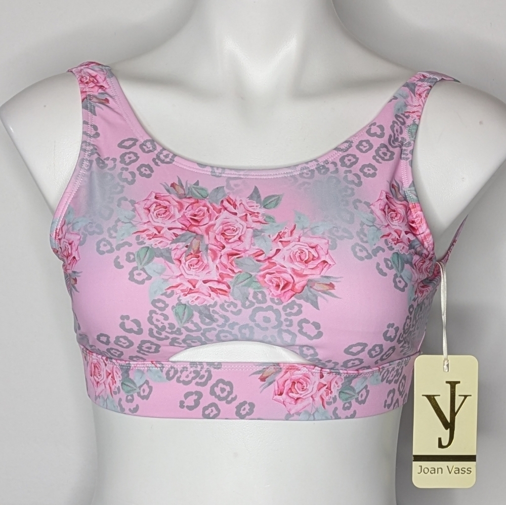 NWT Joan Vass Pink Floral Tie Back Padded Bikini Top S
